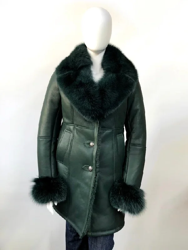 Women's Single-Breasted Sheepskin Trench Coat With Fox Fur Collar #1005