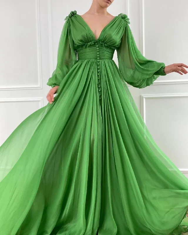 Green Sexy V Neck Long Sleeve Chiffon Evening Party Dresses,DS2746