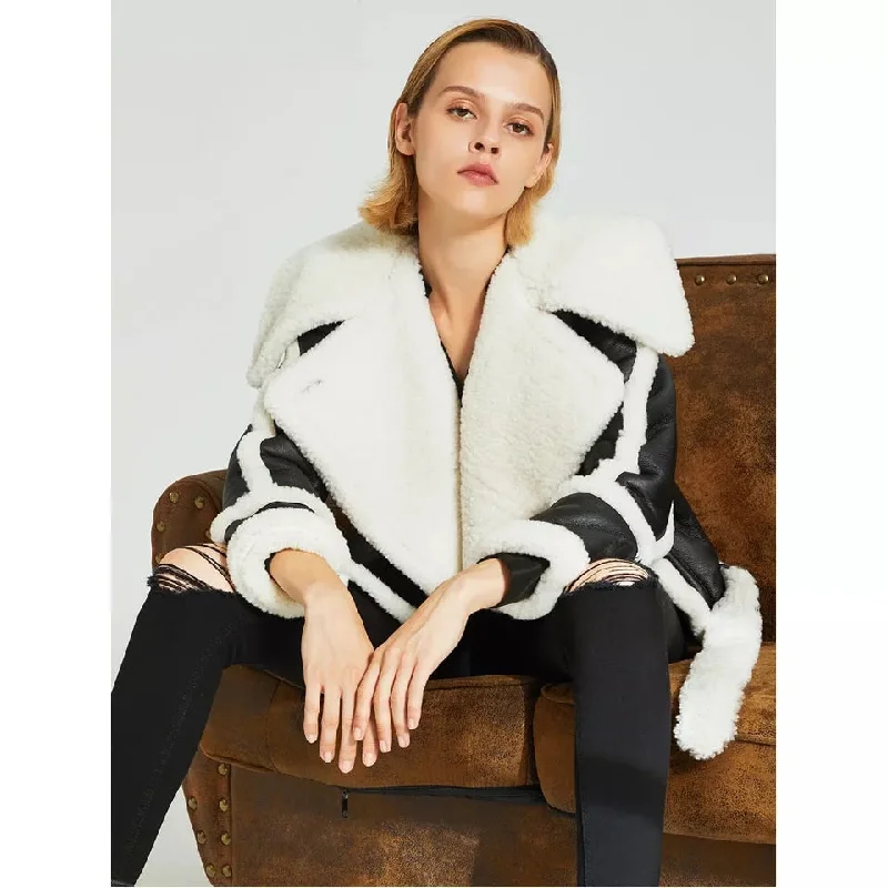 Women’s Black Leather White Shearling Big Collar Coat