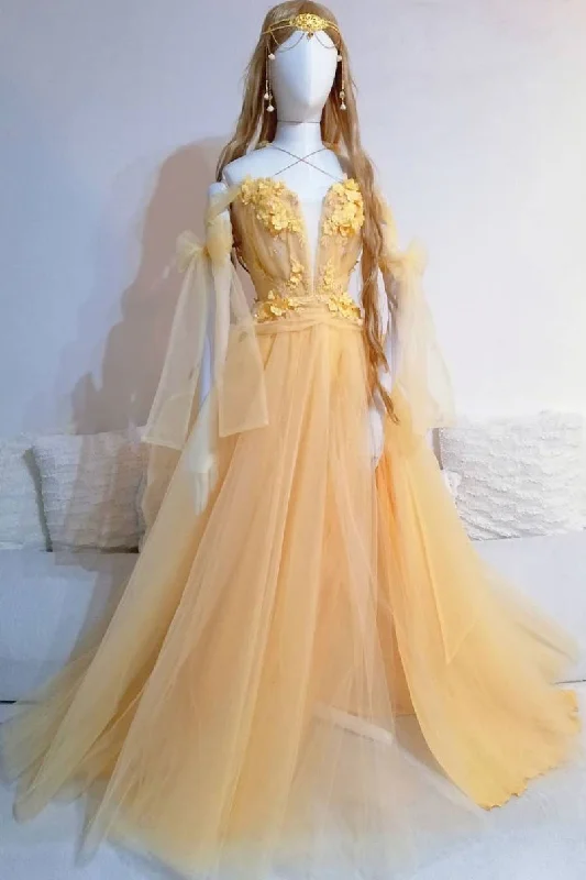 Yellow sweetheart tulle lace long prom dress yellow formal dress,DS2127