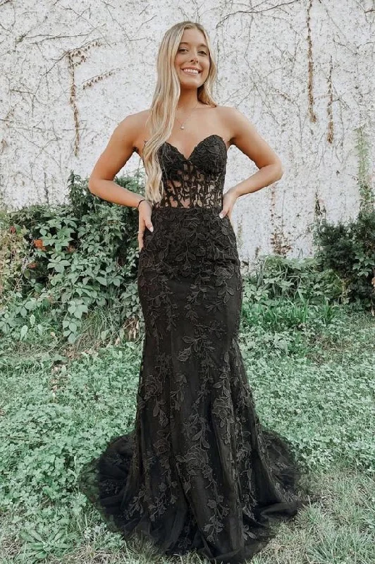 Black lace long prom dress mermaid evening dress，DS3168