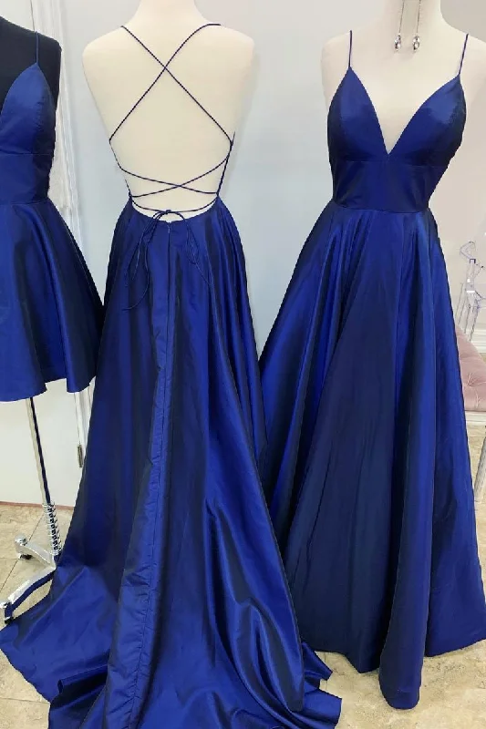 Simple v neck blue satin long prom dress blue evening dress,DS2344