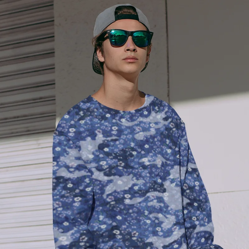 65 MCMLXV Unisex Blue Camouflage & Floral Print Fleece Sweatshirt