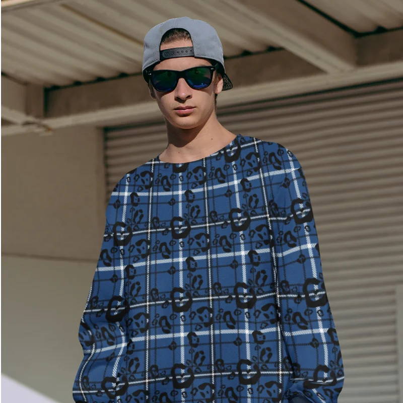 65 MCMLXV Unisex Blue Plaid & Leopard Print Fleece Sweatshirt