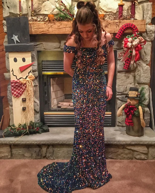 Mermaid Navy Blue Sequined Long Formal Dress,DS3158