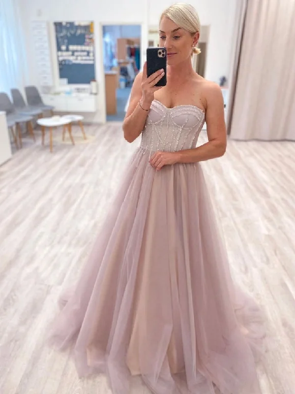 PINK SWEETHEART NECK TULLE LONG PROM DRESS, PINK TULLE FORMAL DRESS,DS3400