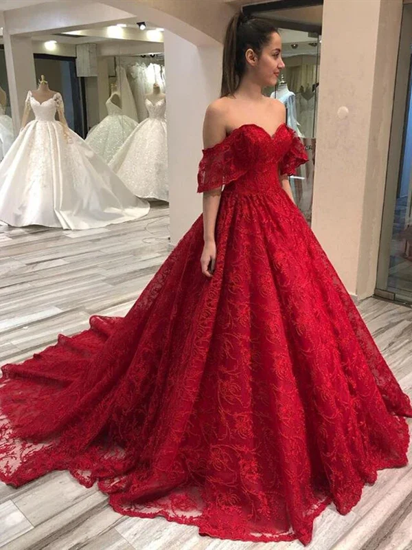 Off Shoulder Long A-line Red Lace Prom Dresses, Formal Dresses, Long Prom Dresses .DS3037