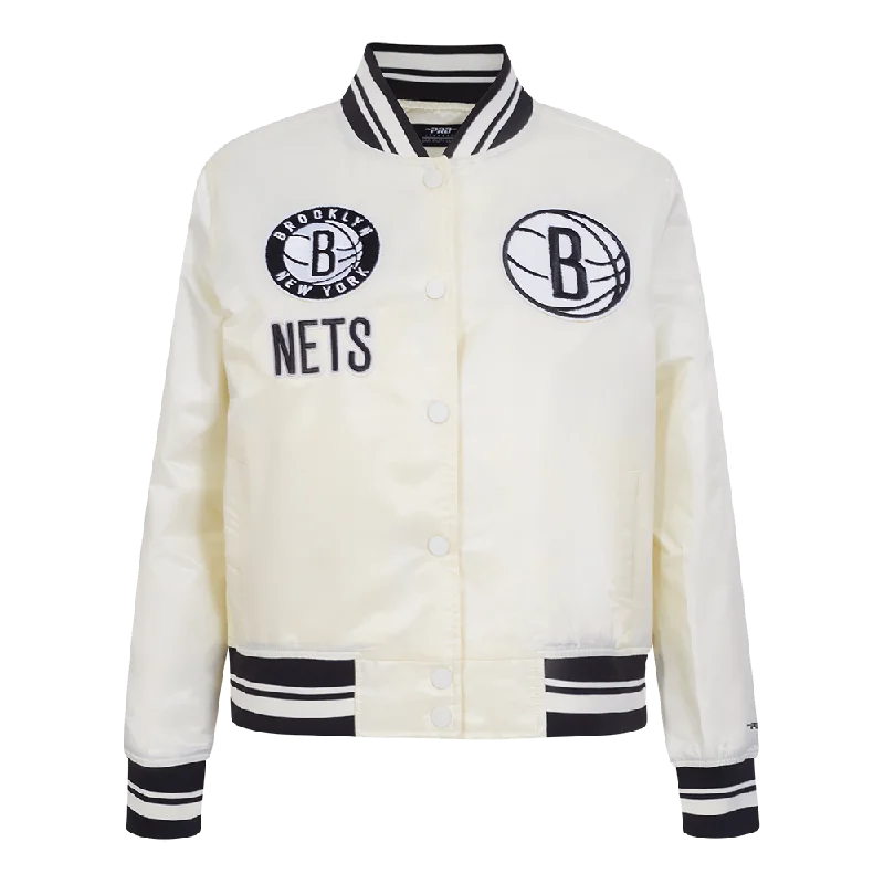 NBA BROOKLYN NETS RETRO CLASSIC WOMEN'S RIB SATIN JACKET (EGGSHELL/ BLACK)