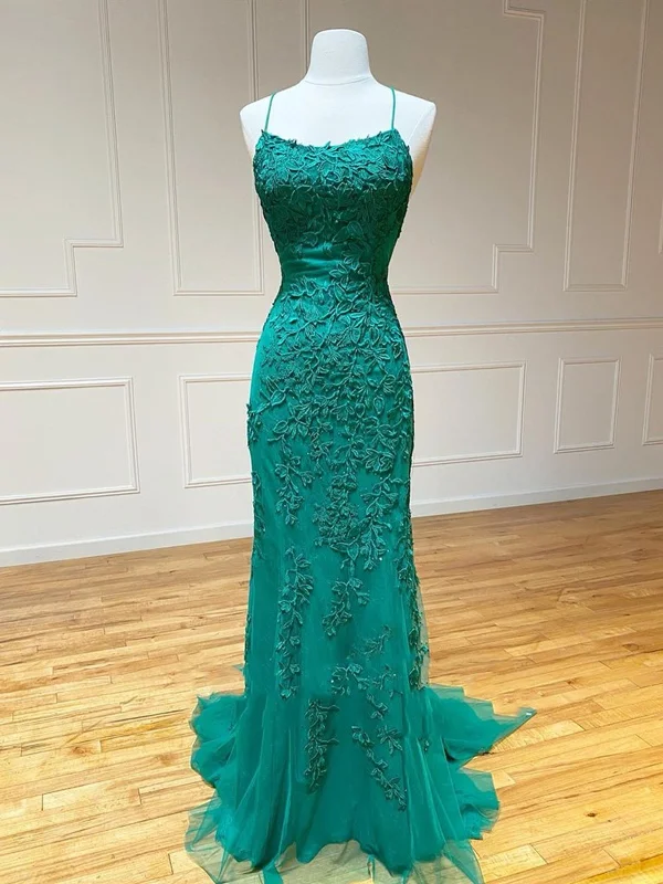 Backless Green Lace Mermaid Prom Dresses, Open Back Mermaid Lace Formal Evening Dresses,DS3075