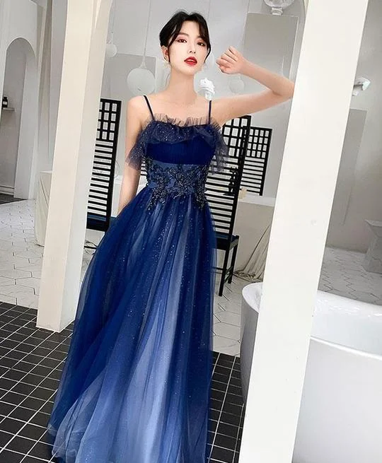 CUTE BLUE SWEETHEART TULLE LACE LONG PROM DRESS BLUE TULLE FORMAL DRESS .DS3046