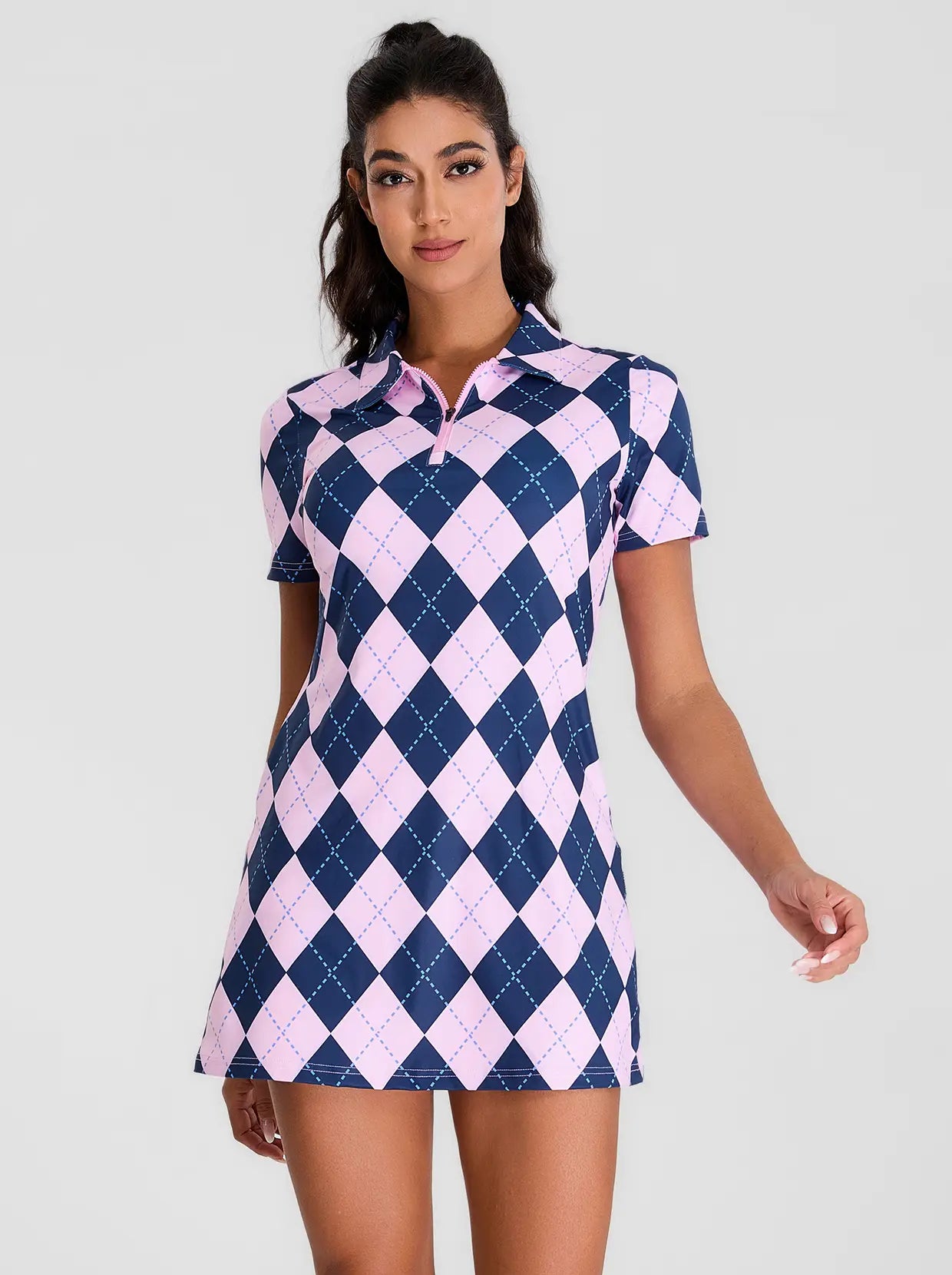 Pink and Black Checkerboard Zipper Short-Sleeve Polo Dress