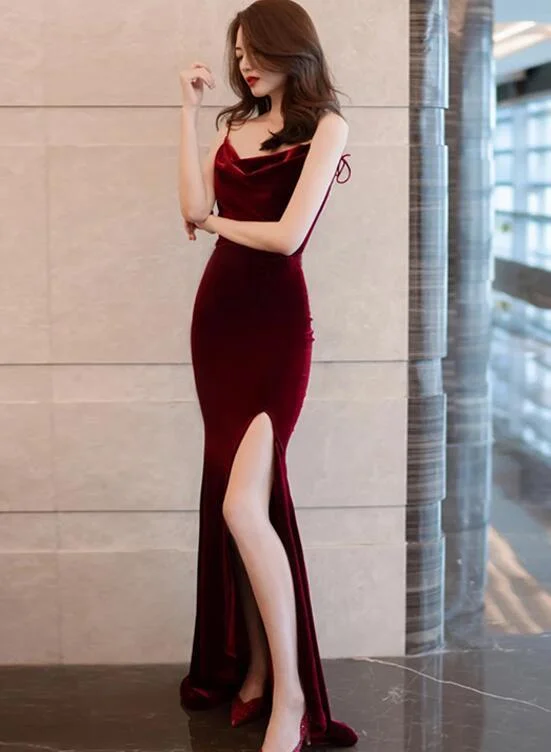 Burgundy Velvet Sexy Mermaid Slit Long Evening Dress, Backless Prom Dress Party Dress .DS3045