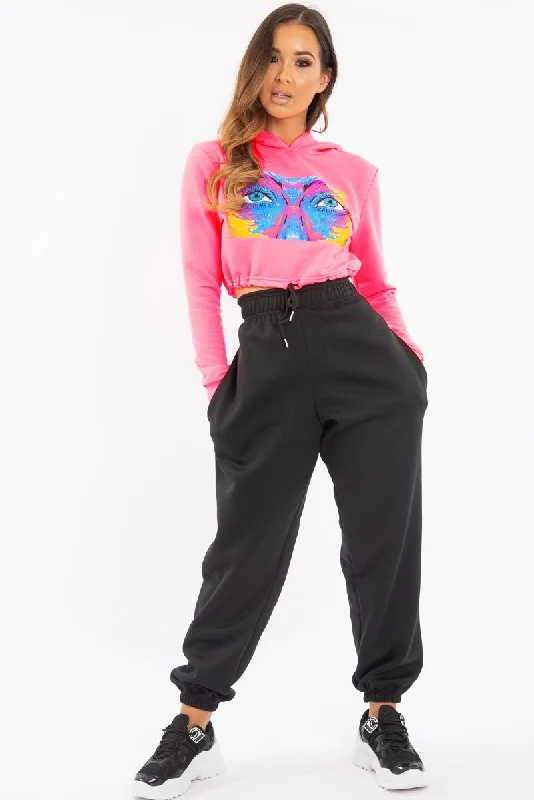 Pink Elasticated Cropped Hoodie with Graphic Print - Montanna