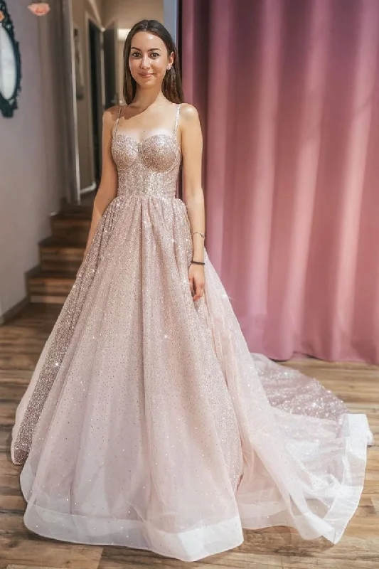 Champagne sweetheart tulle sequin long prom dress tulle formal dress,DS2131