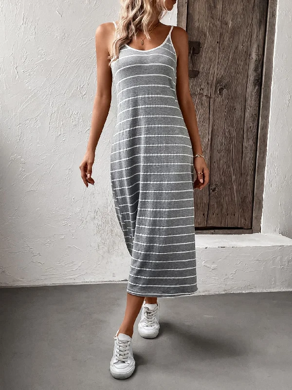 Striped Spaghetti Strap Slit Midi Dress