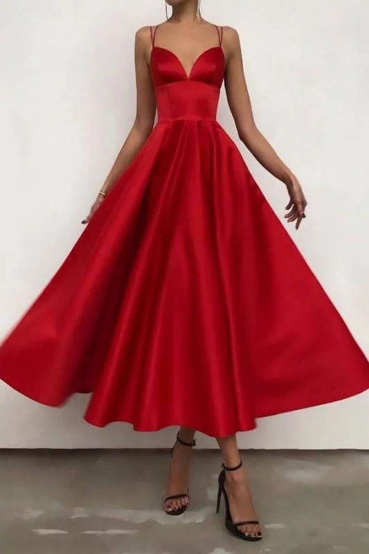 Spaghetti Straps Ruffles Satin Ruby Tee-Length Prom Dresses,DS2780