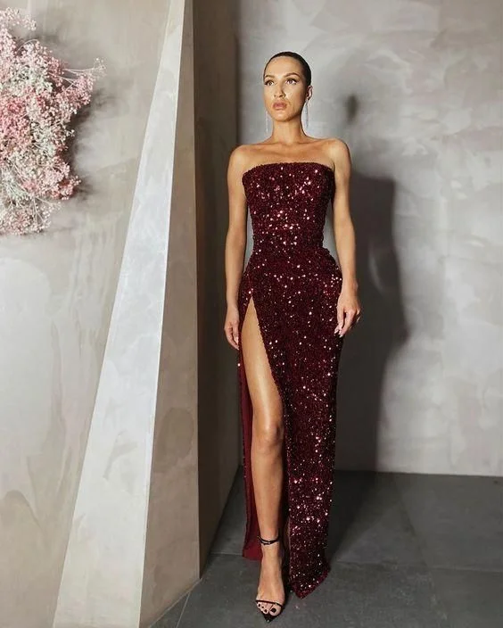 Glitter Mermaid Strapless Sequin Long Evening Dresses with High Slit Formal Prom Dresses,DS3970