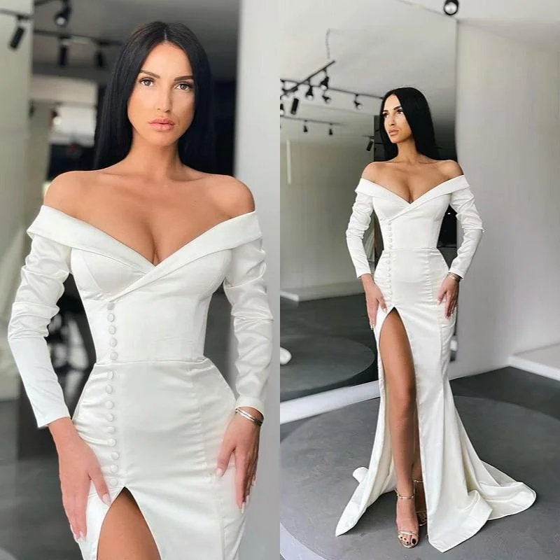 GLAMOROUS WHITE LONG SLEEVES MERMAID EVENING DRESS OFF-THE-SHOULDER SPLIT PROM GOWN,DS3529