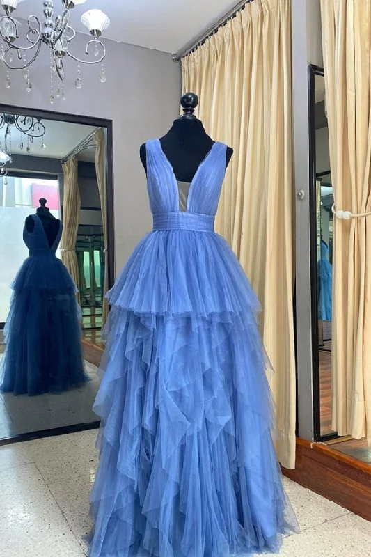 Blue tulle long prom dress A line evening dress,DS3887