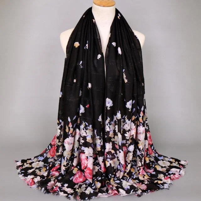 Black Floral Cotton Scarf