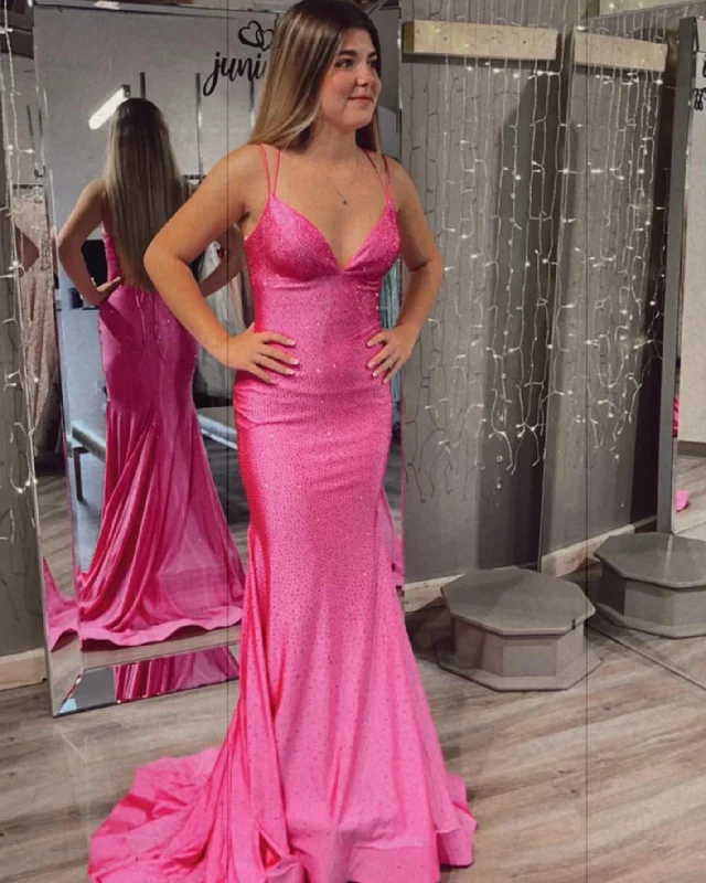 Neon Pink Mermaid Long Formal Dress with Lace Up Back,DS3096