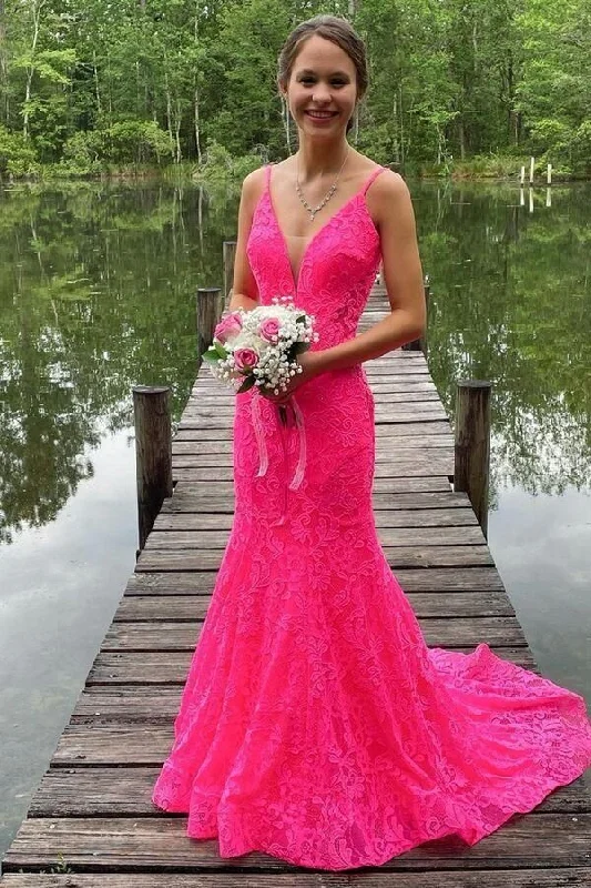 Mermaid Hot Pink Lace Long Prom Dresses,Lace Evening Gown,DS3447