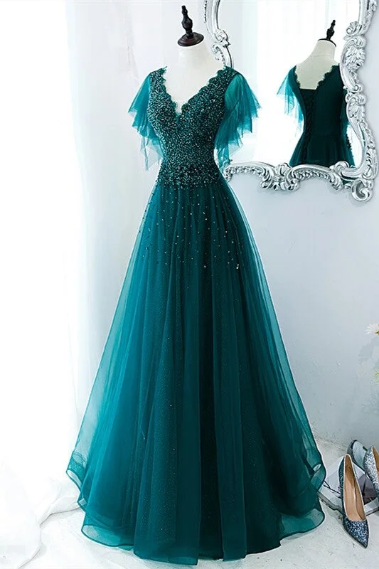 Green A-line Appliques Long Formal Dress with Flutter Sleeves,DS3462