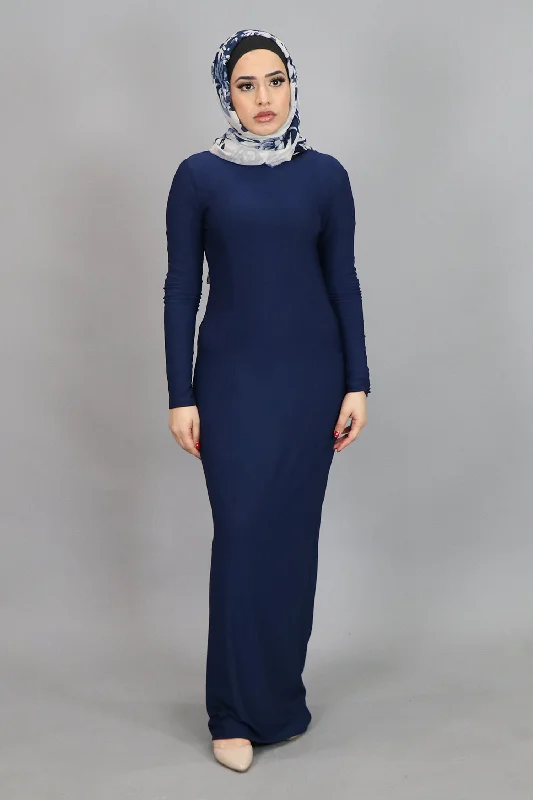 Navy Blue Plain Fitted Spandex Maxi Dress