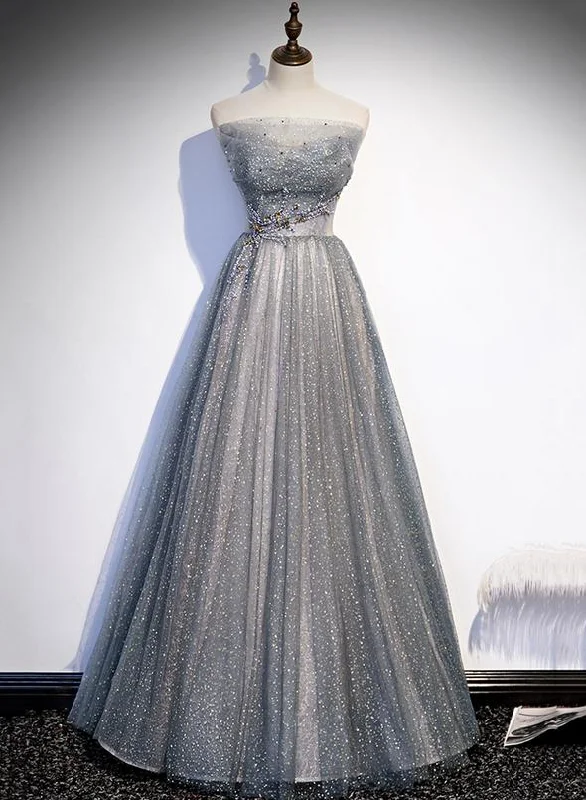 Gray tulle beads long prom dress evening dress,DS3209