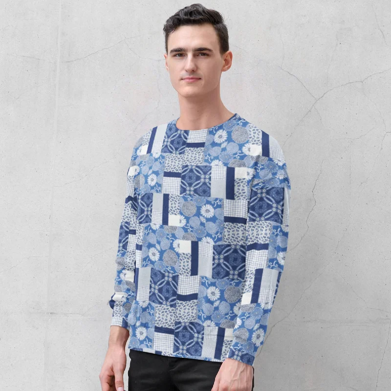 65 MCMLXV Unisex Indigo Patchwork Print Fleece Sweatshirt