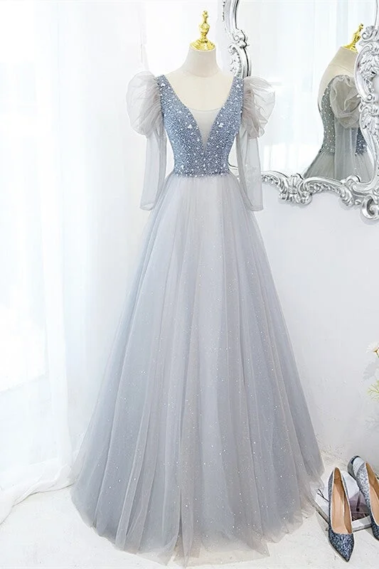 Fairy Grey Shiny A-line Long Formal Dress with Long Sleeves,DS3461