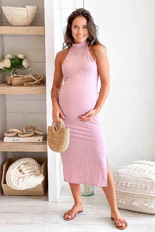 Mauve Halter Neck Maternity Midi Dress With Side Slit