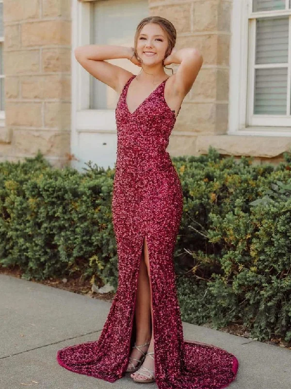 Bling Bling V Neck Mermaid Burgundy Prom Dresses, Wine Red Mermaid V Neck Formal Evening Dresses,DS2702