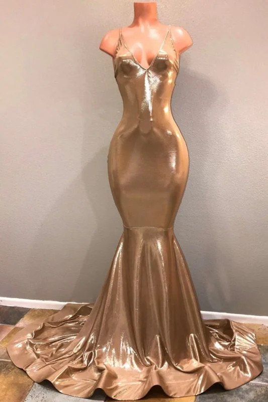 V-neck Straps Open Back Mermaid Sexy Prom Dresses 2020 | Champagne Gold Cheap Evening Gowns,DS2865