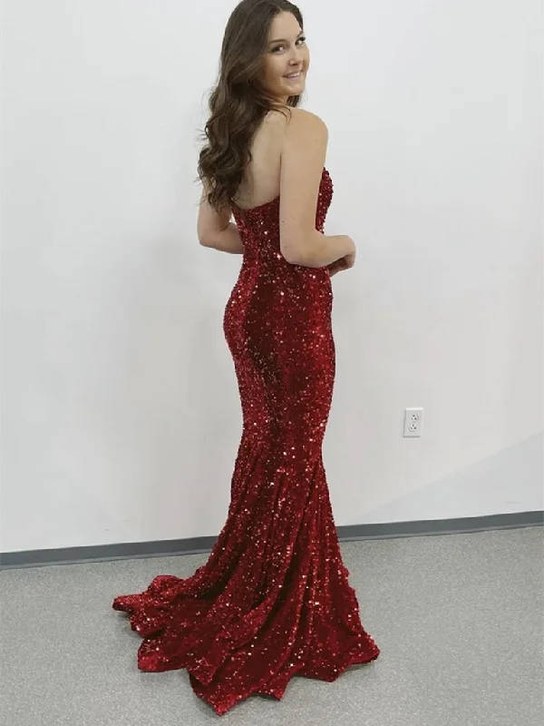 Mermaid Sequins Long Burgundy Prom Dresses, Mermaid Sequins Long Burgundy Formal Evening Dresses,DS3799