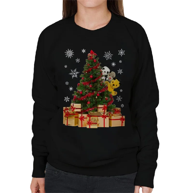 Sooty Christmas Characters Peeking Around Xmas Tree Women's Sweatshirt