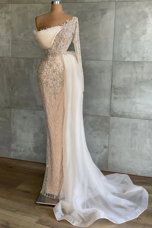 Luxury Tulle One Shoulder Beading Zipper Mermaid Evening Dresses,DS3734