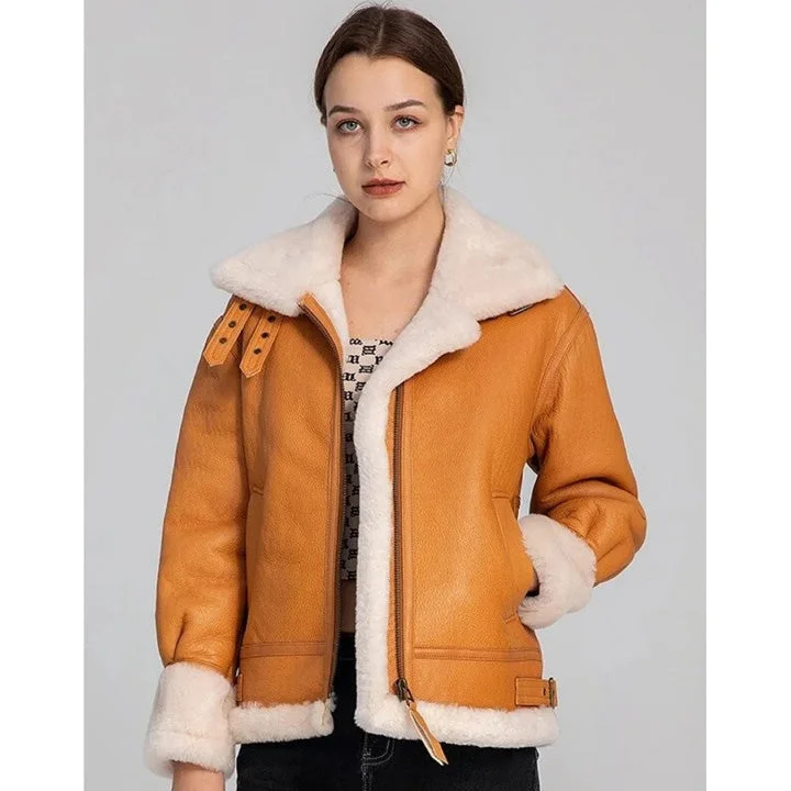 Women's Tan Brown B3 Bomber Shearling Aviator Flight Coat