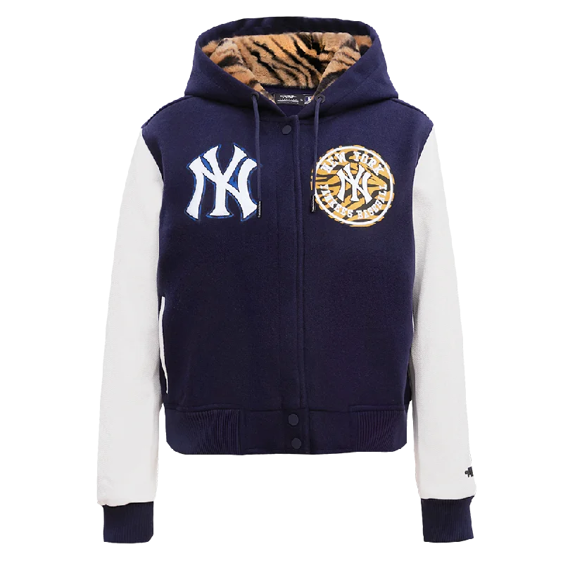 MLB NEW YORK YANKEES ANIMAL PRINT WOMEN'S FUR HOOD WOOL VARSITY JACKET (MIDNIGHT NAVY/WHITE)