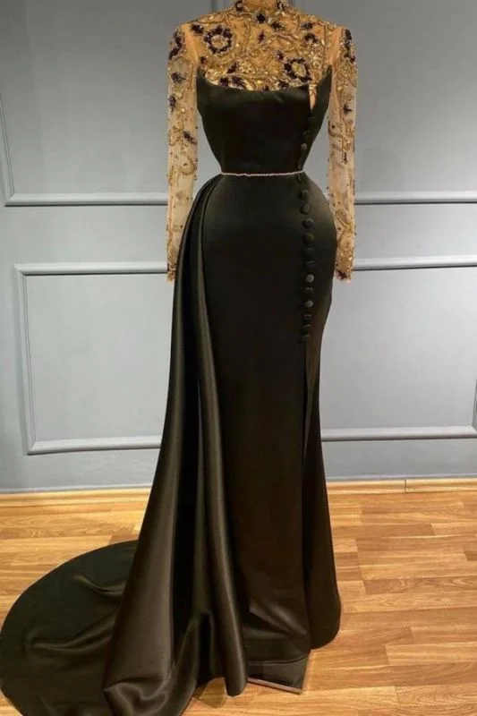 Black Long Evening Dress with Sleeves Prom Dresses with Glitter,DS3722