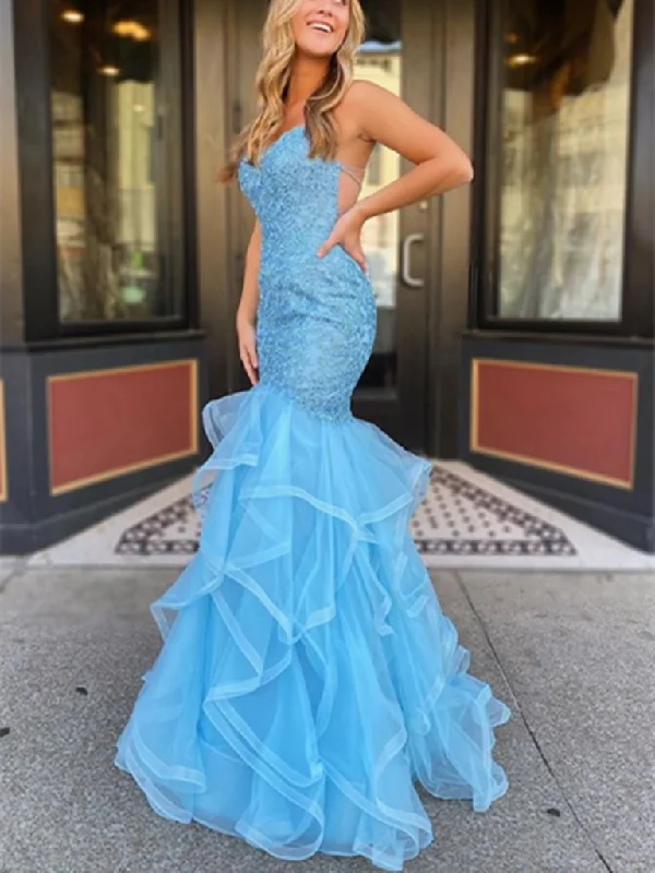 Mermaid Blue Tulle Backless Long Prom Dresses, Mermaid Blue Tulle Backless Long Formal Evening Dresses,DS3825