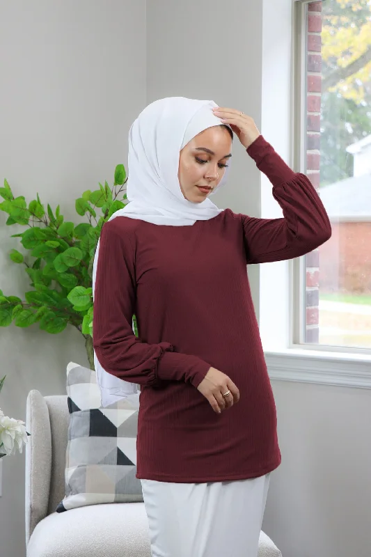 Ribbed Long Sleeve Top- Maroon