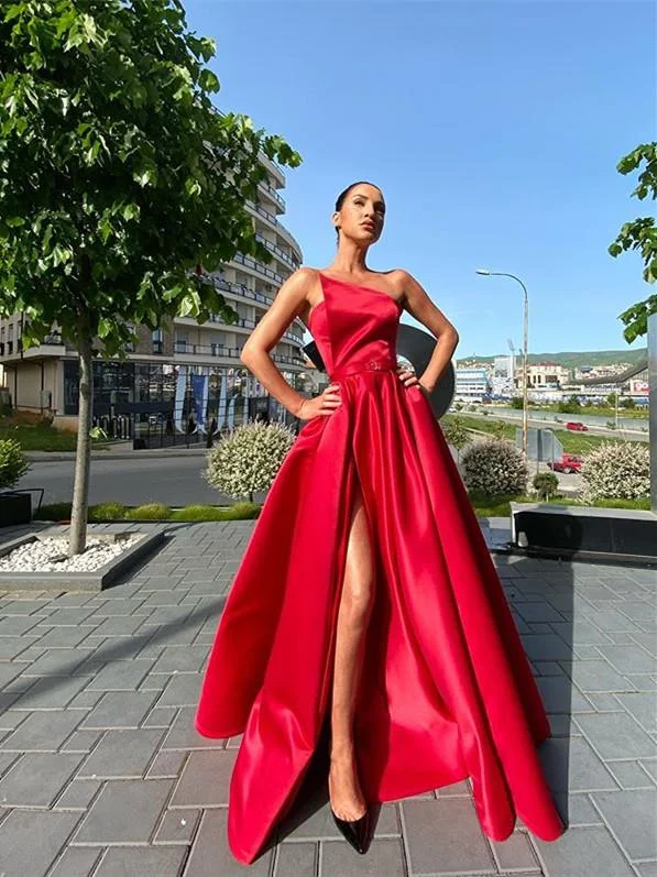 Strapless Long A-line Red Satin Prom Dresses, Simple Elegant Prom Dresses,DS2652