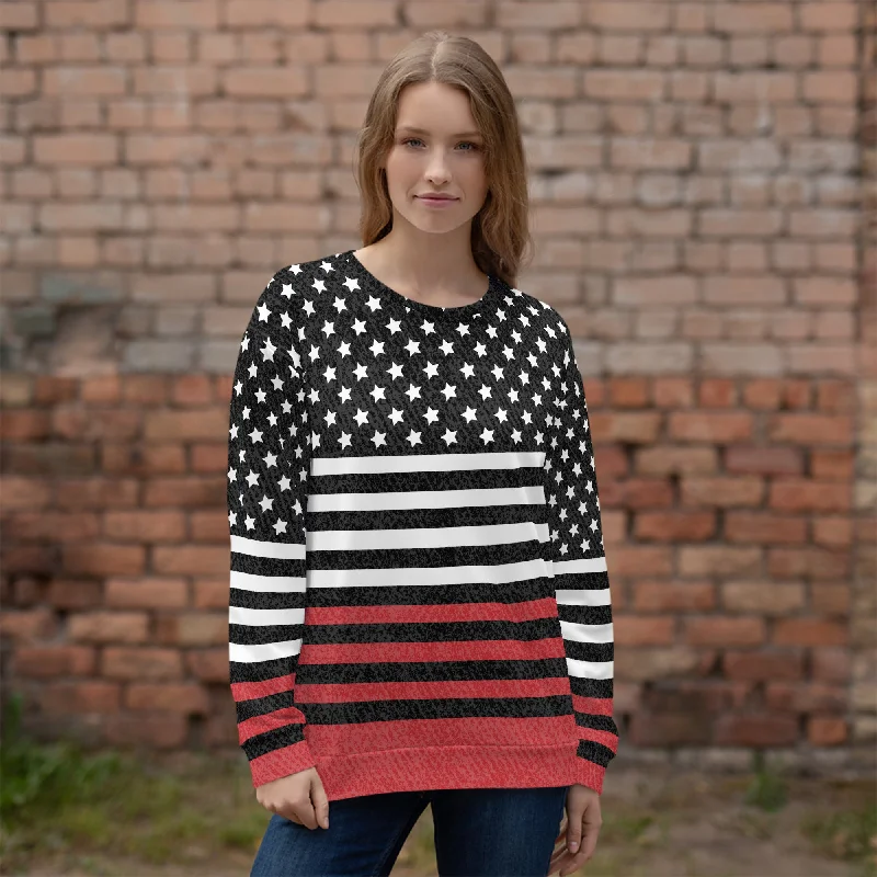 65 MCMLXV UNISEX Americana Black and Red USA Flag Print Fleece Sweatshirt