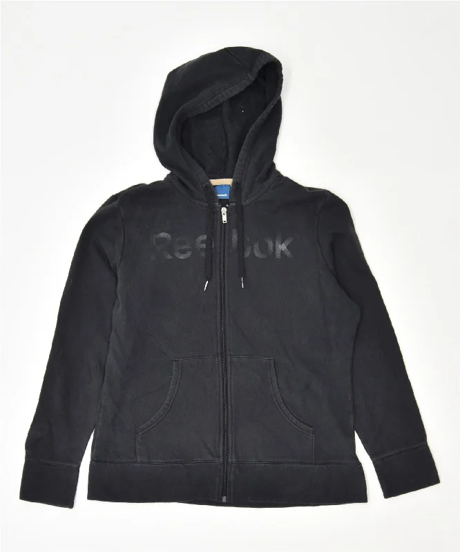 REEBOK Womens Graphic Zip Hoodie Sweater UK 16 Large Black Cotton