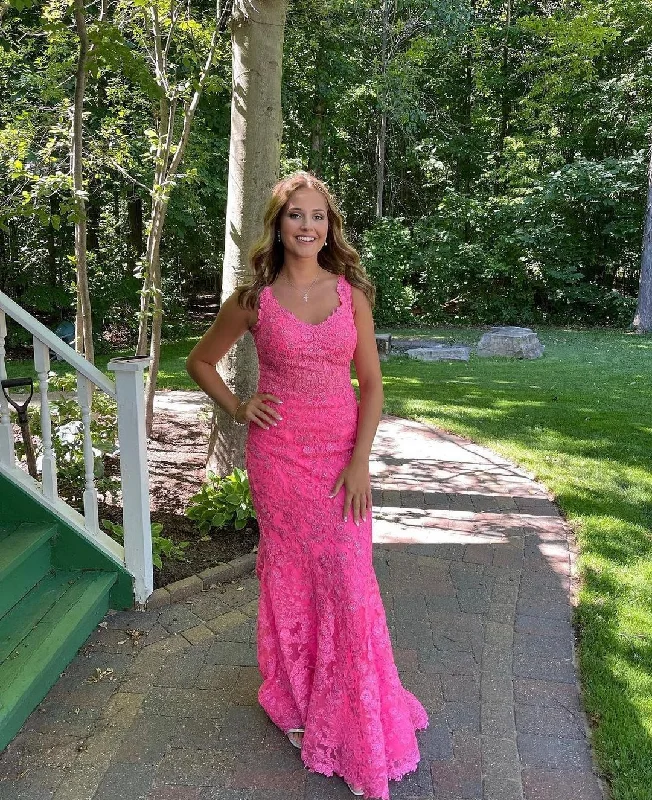 Mermaid Bright Pink Lace Appliques Long Formal Dress,DS3128