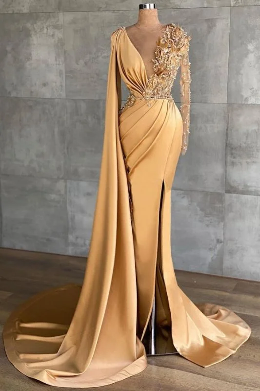 Luxury Long Sleeves Rose Gold Appliques Ruffles Split Mermaid Evening Dresses,DS2773