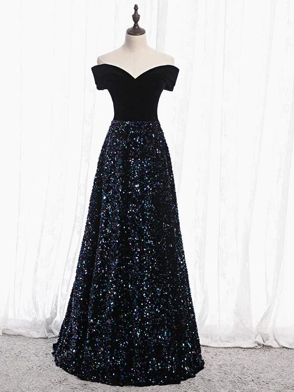 Shiny Off the Shoulder Black Prom Dresses with Corset Back, Shiny Black Long Formal Evening Dresses,DS3084