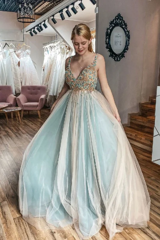 Unique v neck tulle lace long prom dress tulle formal dress,DS2327