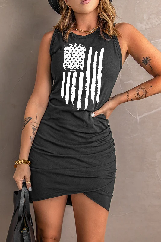 US Flag Graphic Tulip Hem Ruched Sleeveless Dress